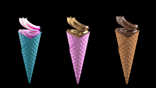 3 ice cream with waffle cone on a black background