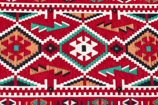 Turkey Gaziantep traditional kilim pattern. Various geometric shapes in red color.