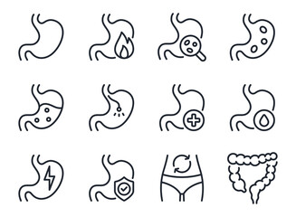 Stomach ache and pain related editable stroke outline icons set  isolated on white background flat vector illustration. Pixel perfect. 64 x 64. - obrazy, fototapety, plakaty