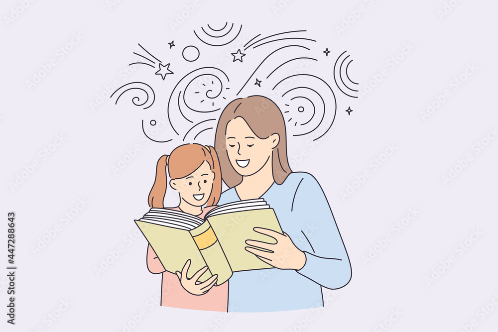 Wall mural happy childhood and spending time with children concept. smiling happy mother and her daughter carto