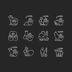 No animal testing chalk white icons set on dark background. Dog and cat protection. Pet friendly mark. Cruelty free label for cosmetic. Isolated vector chalkboard illustrations on black