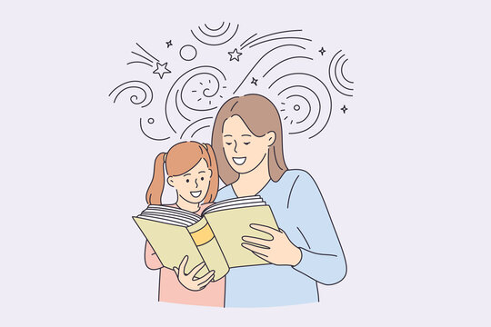 Happy childhood and spending time with children concept. Smiling happy mother and her daughter cartoon characters reading book together vector illustration 