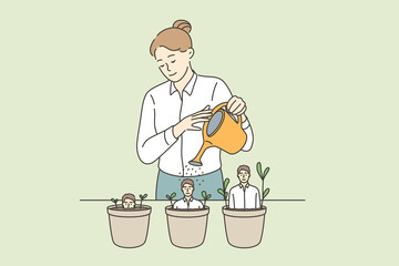 Human resources and career concept. Young woman recruiter cartoon character standing watering pots with growing business man inside vector illustration 