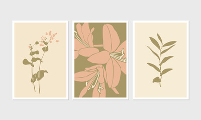 Modern posters with floral linocut illustrations in pastel colors. Flowers and plants silhouettes. Great for interior decor, wall art, tote bag, t-shirt print.