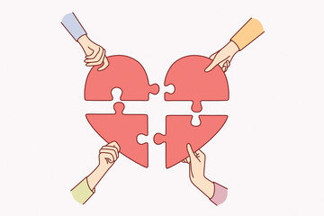Charity and donation, help concept. Group of people hands holding big heart puzzle symbol on their hands forming heart shape vector illustration.