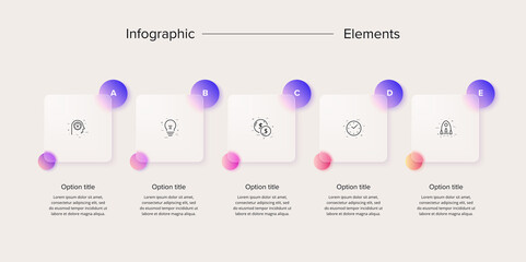 Business process chart infographics with 5 step squares. Rectangular corporate workflow graphic elements. Company flowchart presentation slide. Vector info graphic in glassmorphism design.