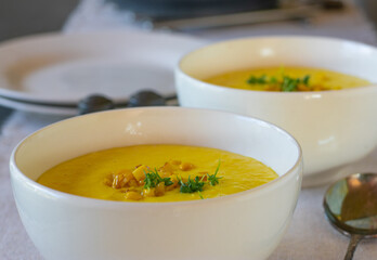 Corn soup fresh and homemade cooked with fresh corn on the cob