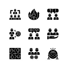 Team working black glyph icons set on white space. Business cooperation. Collective communication. Coworkers interaction and cohesion. Silhouette symbols. Vector isolated illustration