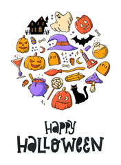 Happy Halloween lettering quote decorated with doodles for greeting cards, posters, prints, signs, invitations, banners, etc. EPS 10