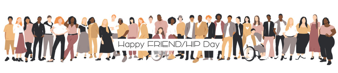 Fototapeta na wymiar Happy Friendship Day card. People of different ethnicities stand side by side together. Flat vector illustration.