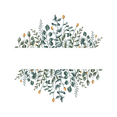 Hand-drawn foliage horizontal frame of various leaves and twigs with tiny yellow flowers. Botanical frame with place for text on the white background for anniversary postcards, wedding invitations