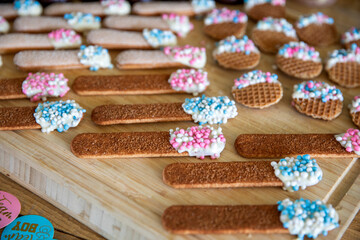 Colorful candies and cookies with baby and newborn symbol pink and blue for Gender reveal. Boy or girl, party and food concept