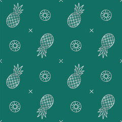 Silver Outline Flat Minimal Pineapple Vector Pattern Design Dark Green Background. Cartoon Illustration Cloth, Picnic Mat, Fabric pattern, Textile, Tile, Scarf, Wrapping Paper.
