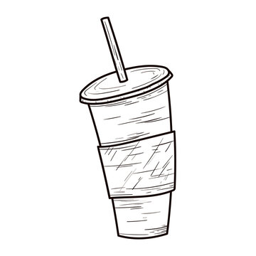Simple vector isolated illustration. Disposable paper glass for soda, juice or soft drinks with a straw. Summer doodle sticker.