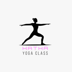 Yoga logo pose with woman silhouette, human meditation at gym or fitness logo design concept inspiration