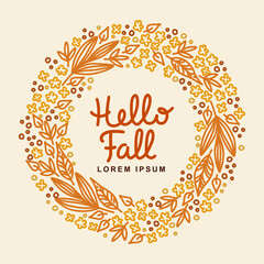 Hello, Fall. Lettering text in a frame of autumn leaves. Hand drawn colored vector illustration 