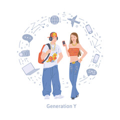 Modern young girl and guy representatives generation y a vector illustration - obrazy, fototapety, plakaty