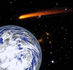Comet over the earth. Meteor rain. The elements of this image furnished by NASA.