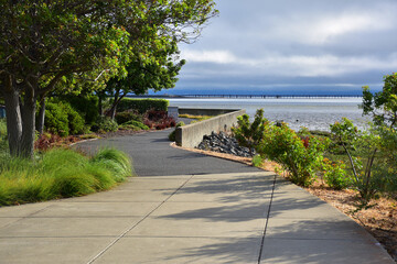 A beautiful path winds along the waters edge in the Burlingame Shore Bird Sanctuary in San Francisco Bay in California.