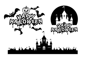 Happy Halloween, silhouette character set collection, Pumpkins and Flying Bats Vector illustration