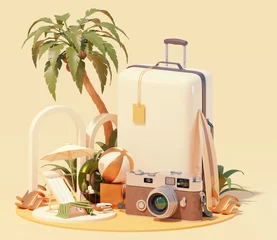 Foto op Plexiglas Summer travel and beach vacations. Deck chair under the palm tree, surfing board, retro camera, floatie and beach ball, trolley suitcase. Holidays and vacations on the beach. 3d illustration © Taras Livyy