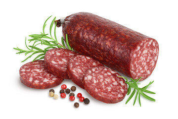 Smoked sausage salami isolated on white background with clipping path and full depth of field