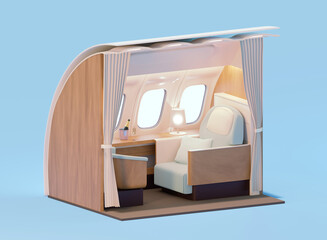 Airplane interior cross-section. First class cabin. Passenger aircraft with first travel class seat. 3d illustration - obrazy, fototapety, plakaty