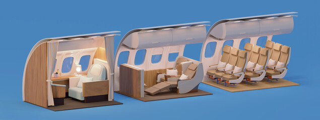 Airplane interior cross-section. First and business chairs and economy class seats. Passenger aircraft with Cabins of the different travel classes. 3d illustration - 447293471