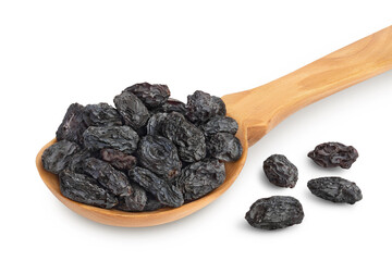 Yellow raisins in wooden spoon isolated on white background with clipping path and full depth of field