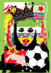 Queen, girl with crown, British flag and football ball, pop art background  vector