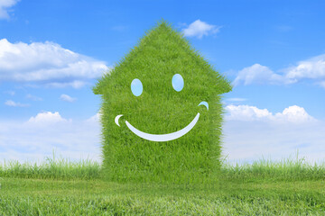 Maison écologique, immobilier et habitat écologique, maison heureuse, dans la nature avec ciel...