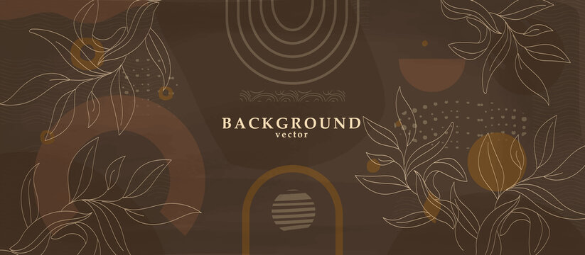 Abstract background art with botanical leaves on dark brown or chocolate background. Earthtone colors wall art decor. Boho style minimalistic background. Vector illustration.