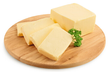 butter slices on wooden board isolated on white background with clipping path and full depth of...