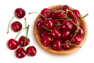 red sweet cherry in wooden bowl isolated on white background with clipping path and full depth of field, Top view. Flat lay