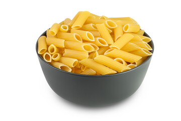 Raw italian penne rigate pasta in black bowl isolated on white background with clipping path and full depth of field