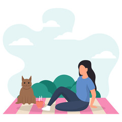 Girl sitting on blanket in garden and having picnic with puppy at sunny day Concept Vector Icon Design, Weekly holidays Activity Symbol, Week Rest Days Sign, Lazy weekends people Stock illustration