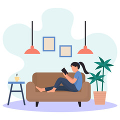 Young girl reading book while sitting on couch Concept, Barefoot Woman Lying Down On Sofa Vector Icon Design, Weekly holiday Activity Symbol, Week Rest Day Sign, Lazy weekend people Stock illustration