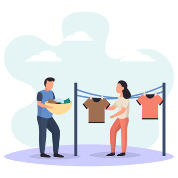 Husband Helping His Wife Hanging Clothes Concept, Couple Laundry Or Weekend Wash Vector Color Icon Design, Weekly Holidays Activity Symbol, Week Rest Days Sign, Lazy Weekends People Stock Illustration