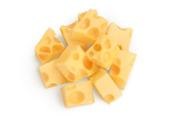 cubes of cheese isolated on white background with clipping path. Top view. Flat lay