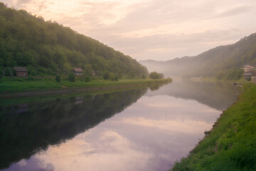 River Labe at Hrensko, morning fog above the water