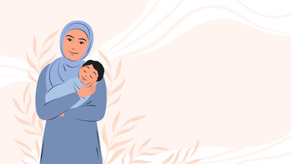 Banner about pregnancy and motherhood with place for text. Arabian woman is holding newborn baby. Muslim girl in traditional dress. Flat vector illustration.