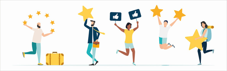 Customer feedback, testimonial, online survey concept. Group of people rating customer experience, writing review, leaving feedback. Client, user satisfaction. Isolated flat vector illustration