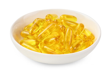 Fish oil capsules in bowl isolated on white background with clipping path and full depth of field