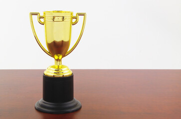 Golden trophy cup on wooden table with copy space