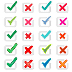 Brightly colored check right and wrong marks in white paper squares