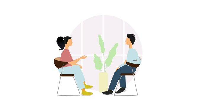 Business co working process animation. Two people make conversation and work together and. Open space office. negotiations animation. Man, girl, students, chair, cafe, food court. footage vector