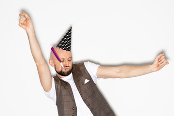 Birthday party. Foolish man. Holiday mood. Funny celebration. Ridiculous drunk guy casual look...