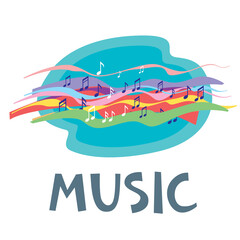 Music graphic icon. Colored ribbons and musical notes form flying sounds. Vector drawing
