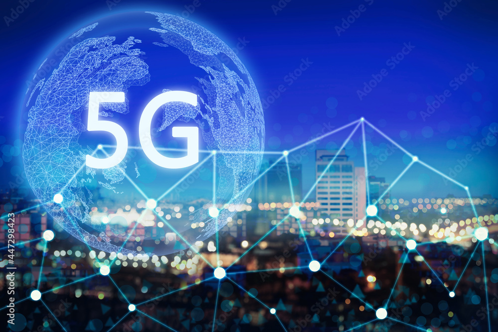 Poster 5g network wireless system. beautiful cityscape and network connection lines