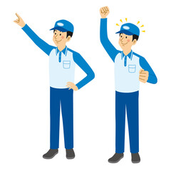 指さし＆ガッツポーズをする運送業の男性